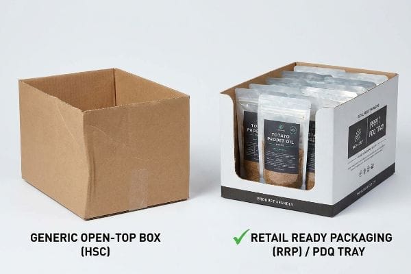 茶色の汎用オープントップボックス（HSC）と、Totato Prodet Oilのパウチを収納した白い小売用包装（RRP）/PDQトレイとのコントラスト。.
