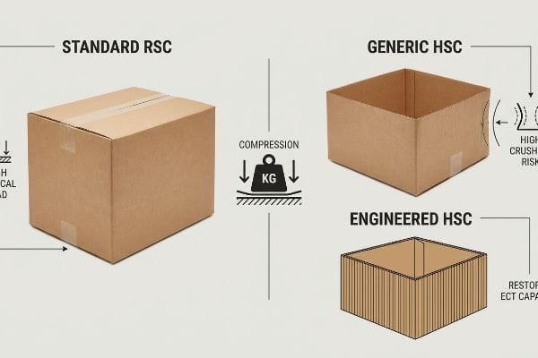 Brown corrugated boxes compare Standard Rsc, Generic Hsc with High Crush Risk, and Engineered Hsc with Restored Ect Capacity under compression.