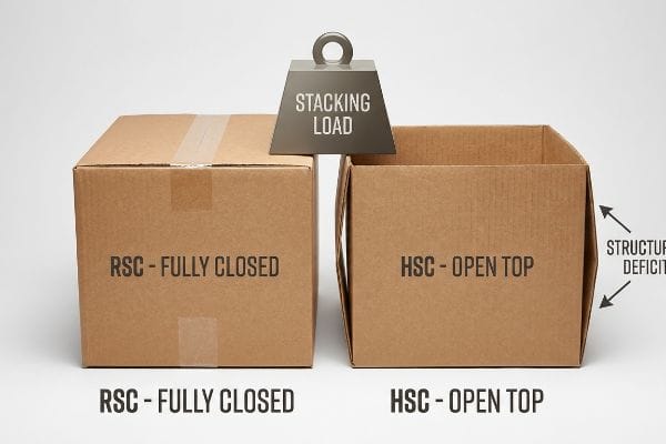 Box Stacking Load Comparison Corrugated boxes show 'Stacking Load': 'RSC - Fully Closed' supports weight, 'HSC - Open Top' bows with 'Structural Deficit'.