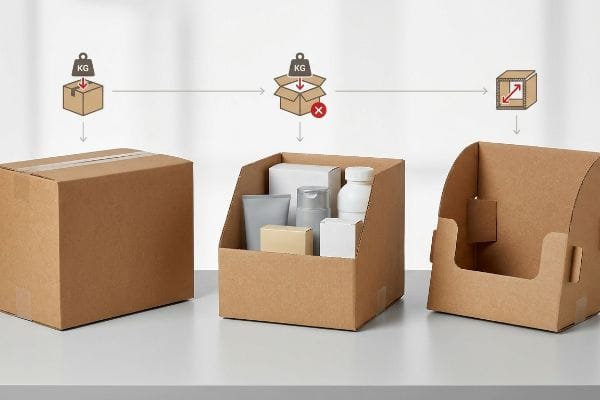 Box Structural Integrity Failure Three brown corrugated cardboard boxes demonstrate packaging structural integrity: a sealed RSC, an open-top HSC failing under weight, and an empty retail display.