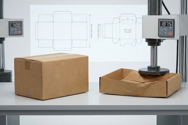 Коричневые гофрированные коробки в испытаниях на сжатие: неповрежденный образец RSC при 400 и раздавленный образец HSC при 187,5, с диаграммами, показывающими разрушение от верхней нагрузки и направление волокон.
