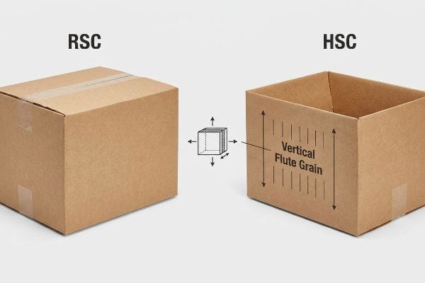 RSC HSC Box Comparison Brown corrugated boxes: a closed RSC and an open HSC showing vertical flute grain, with a diagram of corrugated board's compressive strength.