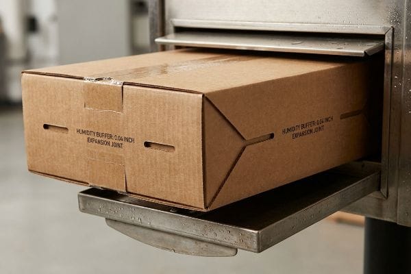 Brown corrugated box featuring "Humidity Buffer: 0.04 Inch Expansion Joint" text, sliding into a metal delivery system.