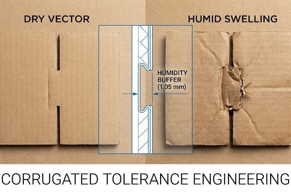 Corrugated cardboard comparison: Dry Vector's clean joint vs. Humid Swelling's torn joint, illustrating a 1.05 mm Humidity Buffer for Corrugated Tolerance Engineering.