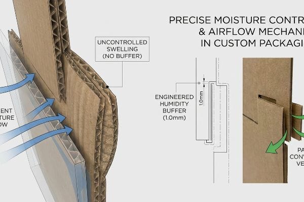 Corrugated packaging cross-section illustrating Precise Moisture Control, Airflow Mechanics, Engineered Humidity Buffer (1.0mm), and Passive Convection Venting.