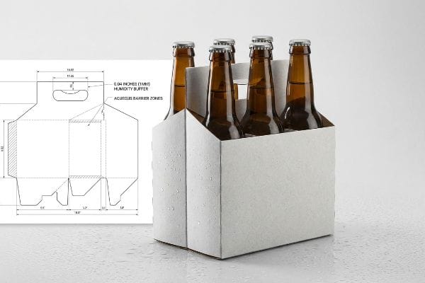白い6本入りビールキャリア、琥珀色のボトル、水滴。ダイラインには、0.04インチ（1mm）の湿度緩衝層、水性バリアゾーンが示されています。.