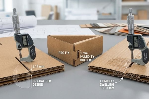 Packaging Humidity Buffer Corrugated board measured by micrometers: 3.17 mm Dry Caliper Design vs. 3.28 mm Humidity Swelling +0.11 mm, highlighting Pro Fix 1 mm Humidity Buffer.