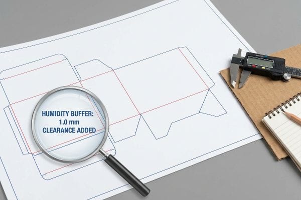 عازل رطوبة خط الديلاين تُبرز عدسة مكبرة عبارة "مخزن الرطوبة: تمت إضافة خلوص 1.0 مم" على خط القطع، مع فرجار رقمي ولوحة مموجة.