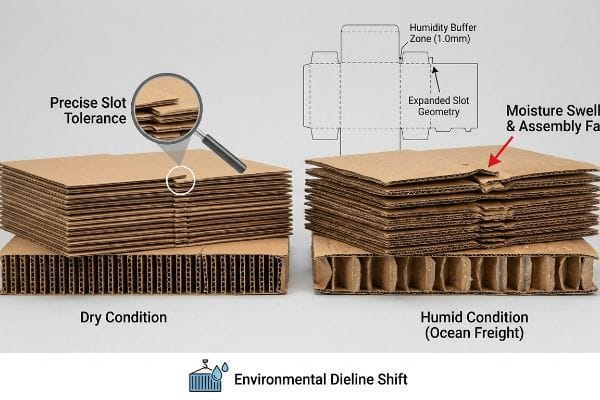 Corrugated cardboard stacks illustrate precise slot tolerance in dry conditions versus moisture swell and assembly failure in humid ocean freight, with a dieline diagram showing a 1.0mm humidity buffer zone.