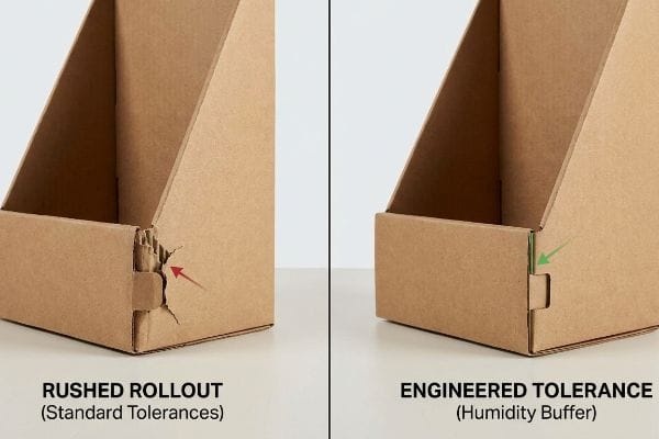 Packaging Tolerance Comparison Brown corrugated cardboard display boxes illustrate a Rushed Rollout (Standard Tolerances) with a crushed tab versus an Engineered Tolerance (Humidity Buffer) with a clean fit.