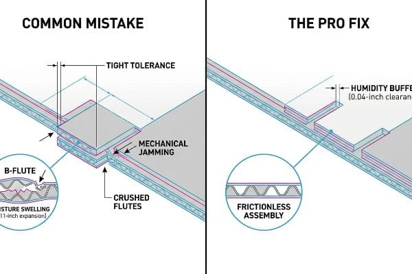 Humidity Buffer Fix A diagram compares tight tolerance causing mechanical jamming and crushed B-flute from 0.11-inch moisture swelling with a 0.04-inch humidity buffer for frictionless assembly.