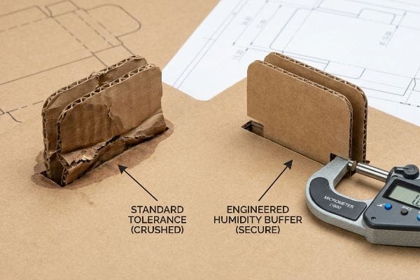 Humidity Buffer Comparison Corrugated paperboard samples illustrate Standard Tolerance (Crushed) versus an Engineered Humidity Buffer (Secure) for locking tabs, with a micrometer measuring the secure fit.