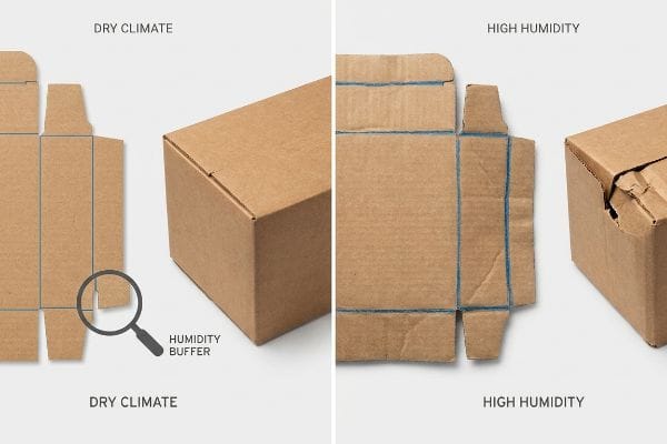 Humidity Buffer Packaging Corrugated paperboard packaging shows Dry Climate precision versus High Humidity swelling, with a Humidity Buffer preventing torn flaps.