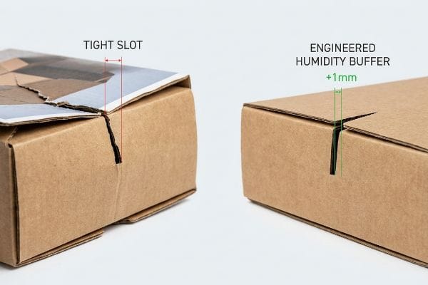 Corrugated packaging comparison: a Tight Slot with tearing versus an Engineered Humidity Buffer +1mm slot preventing moisture swelling.