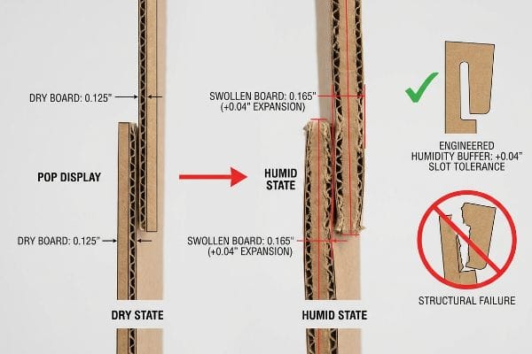 Pop Display Humidity Buffer Corrugated Pop Display board: 0.125" dry, 0.165" (+0.04" expansion) humid. Engineered humidity buffer with +0.04" slot tolerance prevents structural failure.