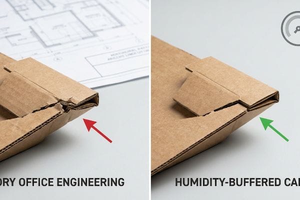 Cardboard Humidity Slot Tolerance Buckled cardboard slot from Dry Office Engineering versus an intact Humidity-Buffered Cad slot, showcasing moisture expansion and proper tolerance.