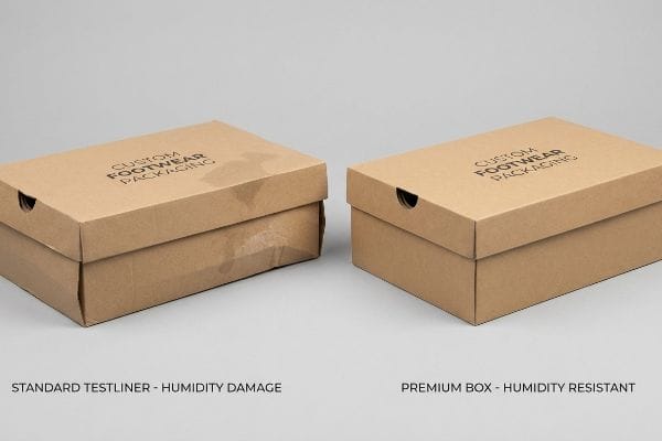 Brown cardboard shoe boxes: damaged standard testliner vs. premium humidity-resistant custom footwear packaging.