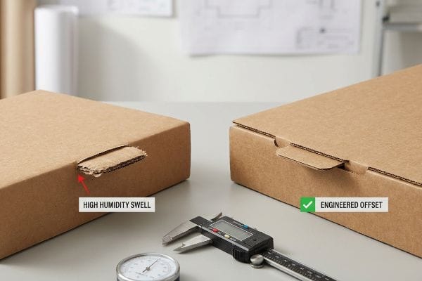 Braune Wellpapp-Versandkartons mit unterschiedlichen Laschen: eine für hohe Luftfeuchtigkeit geeignet (High Humidity Swell Lasche) und eine für einen speziellen Offset (Engineered Offset Lasche), gemessen mit einem digitalen Messschieber.