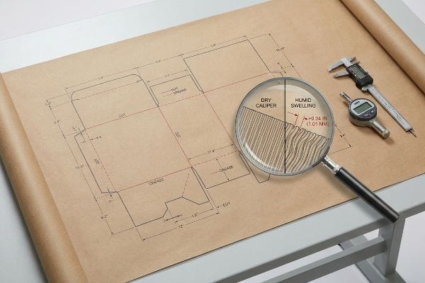 Brown paper dieline blueprint with magnifying glass showing Dry Caliper and Humid Swelling (+0.04 In / 1.01 Mm), alongside digital caliper and dial indicator.