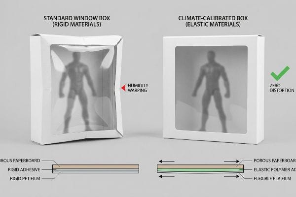 Humidity warps Standard Window Box. Climate-Calibrated Box prevents distortion using elastic materials.