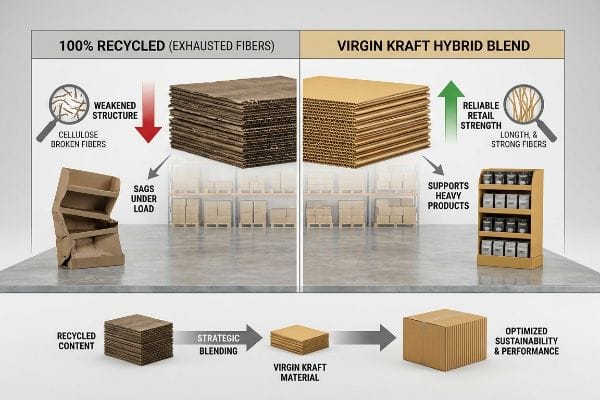 Folhas de papelão ondulado 100% recicladas (fibras exauridas) com 'estrutura enfraquecida' e uma apresentação comprometida contrastam com a mistura híbrida de papel kraft virgem, que apresenta 'resistência confiável para o varejo' e uma apresentação robusta, ilustrando 'sustentabilidade e desempenho otimizados'.