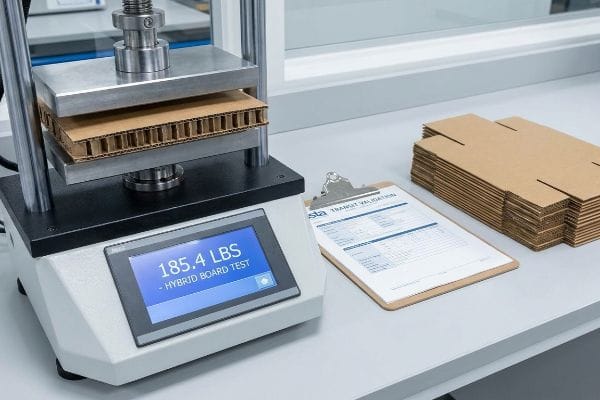 段ボールは圧縮試験を受け、機械には「185.4 LBS - ハイブリッドボードテスト」と表示され、Ista輸送検証フォームとフラットパックの箱が付属します。.