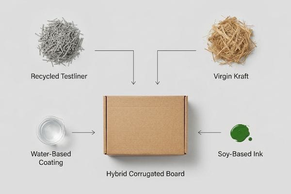 Hybrid Corrugated Board diagram, showing Recycled Testliner, Virgin Kraft, Water-Based Coating, and Soy-Based Ink inputs.