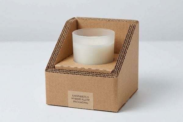 Engineered Hybrid Flute Packaging Brown heavy-duty corrugated packaging holds a frosted glass candle, labeled Engineered Hybrid Flute Packaging.