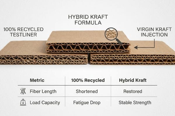 Three corrugated board cross-sections illustrate Hybrid Kraft Formula with Virgin Kraft Injection versus 100% Recycled Testliner, comparing fiber length and load capacity.