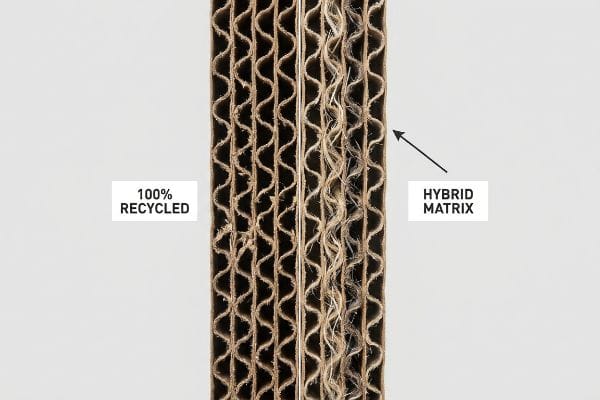 Corrugated Fiber Comparison Corrugated cardboard cross-section showing 100% Recycled and Hybrid Matrix fiber structures with distinct flutes.
