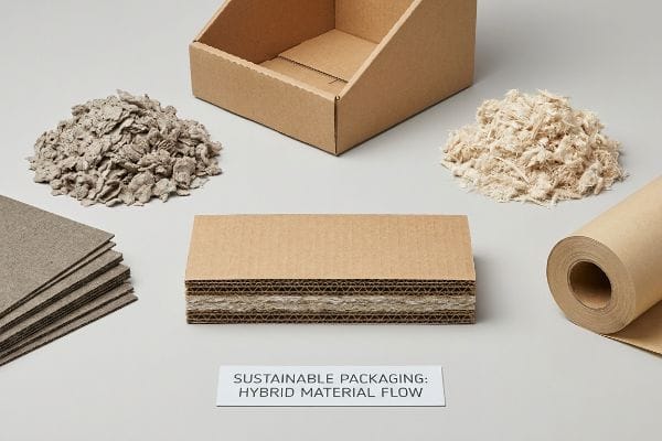Hybrid Packaging Material Flow Piles of recycled fibers, corrugated board, and a paper roll demonstrate Sustainable Packaging: Hybrid Material Flow for eco-friendly displays.