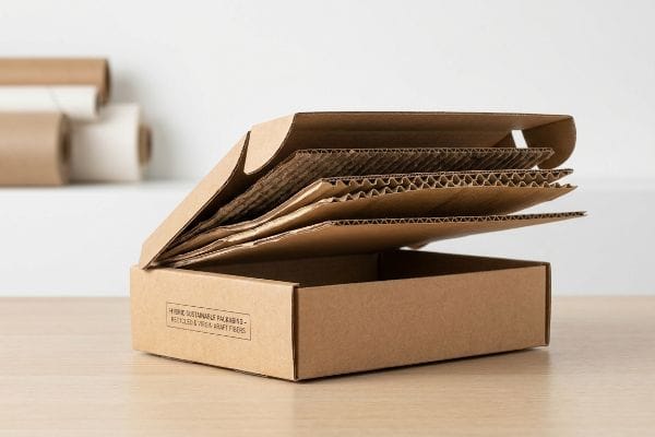 Corrugated box, open, displays internal flutes and 'Hybrid Sustainable Packaging - Recycled & Virgin Kraft Fibers'.