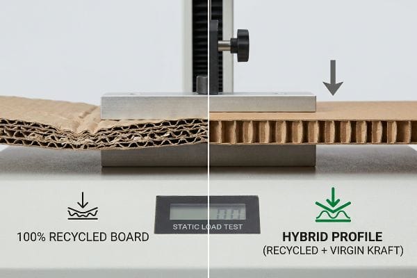 Leistungstest für Hybrid-Wellpappe Verbogener Karton aus 100 % Recyclingmaterial neben unbeschädigtem Hybridprofil (Recyclingmaterial + Frischfaser-Kraftpapier) unter statischer Belastung.