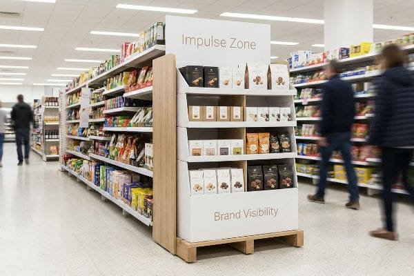 小売店の衝動買いを促すディスプレイ 小売店の通路には、木製のパネルが付いた白いPOSMディスプレイが設置されており、「衝動買いゾーン」と「ブランド認知度向上ゾーン」というラベルが貼られ、包装済みの商品が陳列されている。.