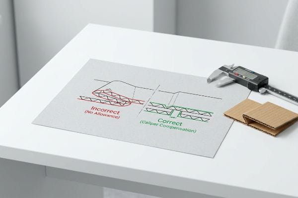Dieline Caliper Compensation Desk diagram: Incorrect (No Allowance) vs. Correct (Caliper Compensation) for corrugated folds, with digital caliper.