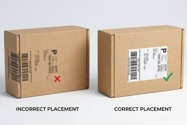 Brown cardboard mailer boxes show incorrect shipping label placement on a fold and correct placement within a clear keep-out zone.