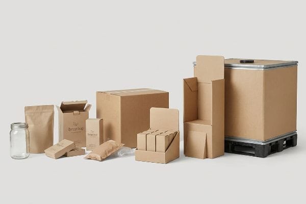 Packaging Range Display Kraft paper packaging: Brative boxes, countertop and floor displays, master shipper, and industrial bulk container.