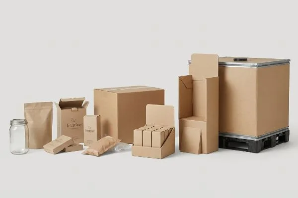 Packaging Range Display Kraft paper packaging: Brative boxes, countertop and floor displays, master shipper, and industrial bulk container.