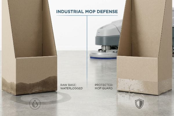 工業用モップ防御 2つの段ボール製ディスプレイ台は、工業用モップに対する防御効果を示している。片方は水浸しで汚れているが、もう片方は「保護済み:モップガード」と表示されており、飛び散る水滴を効果的に弾いている。.