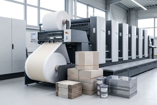 Offset Press Production Line White paper rolls feed into a Heidelberg offset printing press, with stacks of packaging boxes, Pantone ink, and metal printing plates.
