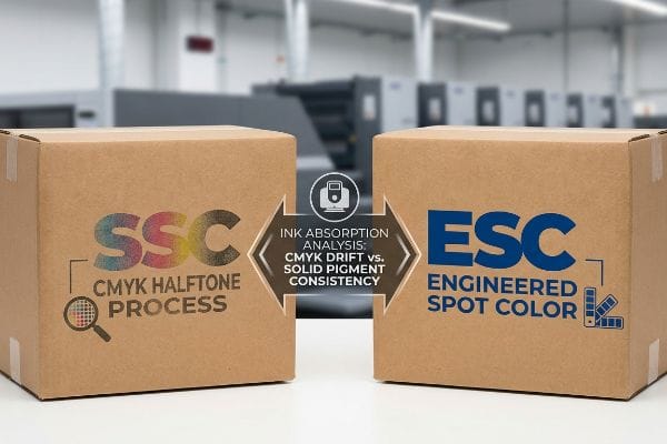 Two corrugated boxes contrast "CMYK Halftone Process" with "Engineered Spot Color" for ink absorption, showing CMYK drift vs. solid pigment consistency.