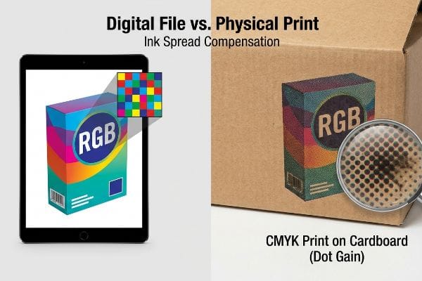 A tablet displays a Digital File with RGB colors, contrasted with a CMYK Physical Print on cardboard showing Dot Gain from ink spread.