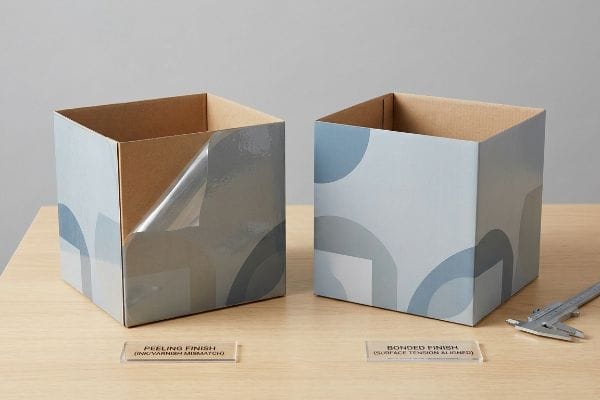 Packaging Finish Comparison Cardboard packaging boxes illustrating a Peeling Finish (Ink/Varnish Mismatch) next to a perfectly Bonded Finish (Surface Tension Aligned).