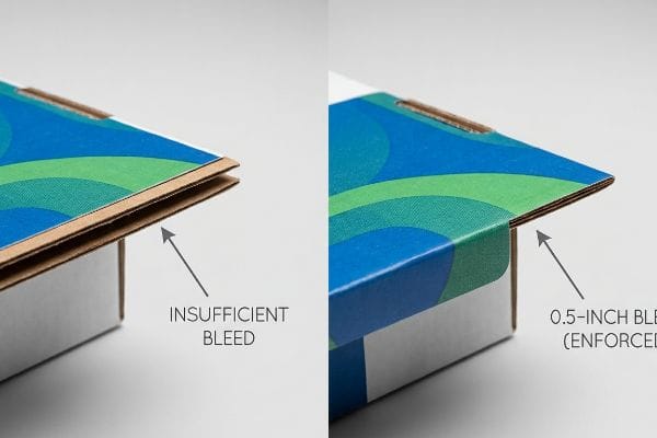 Corrugated cardboard box flaps illustrate Insufficient Bleed exposing raw brown edges on the left, contrasted with a 0.5-Inch Bleed (Enforced) on the right ensuring a complete graphic wrap.