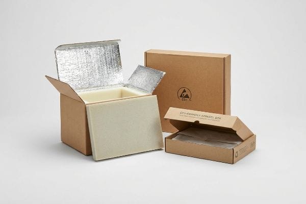 Spezialversandkartons Ausgestellt sind ein isolierter Lebensmittelversandbehälter, eine antistatische ESD-Elektronikbox und eine umweltfreundliche Bekleidungsbox.