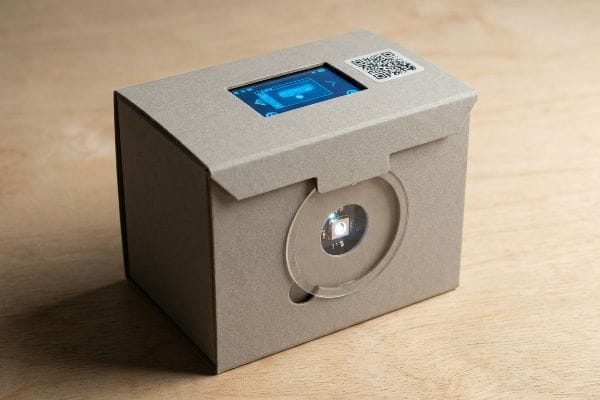 Prototipo de embalaje interactivo Este ejemplo de embalaje interactivo muestra una pantalla digital azul, un código QR y una luz LED integrada en una caja de papel kraft.