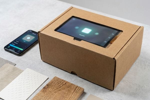 Interactive Packaging Display Samples An interactive packaging display features a corrugated box with a digital screen showing a glowing icon, alongside a smartphone app and various tactile material samples.
