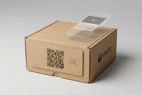 Interaktive Verpackungslösung Brauner Karton mit Virto-Logo, QR-Code und AR-Marker, der interaktive Inhalte auf einem Smartphone-Overlay anzeigt.