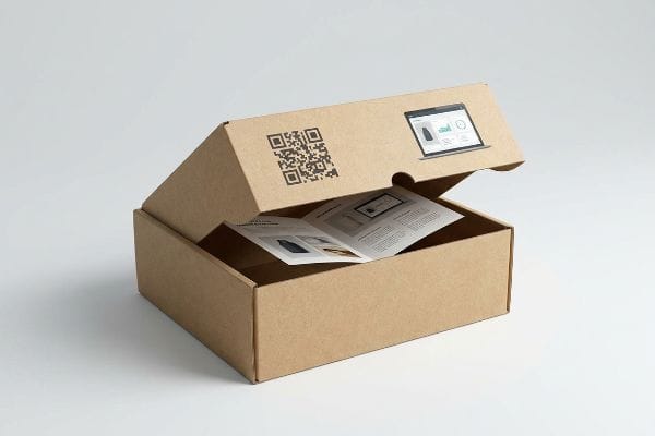 Interaktive Verpackungsbox Auf dem Deckel eines offenen braunen Kartons befinden sich ein QR-Code und eine Grafik eines Laptop-Bildschirms; im Inneren befindet sich eine Broschüre mit interaktiven Produktinformationen.