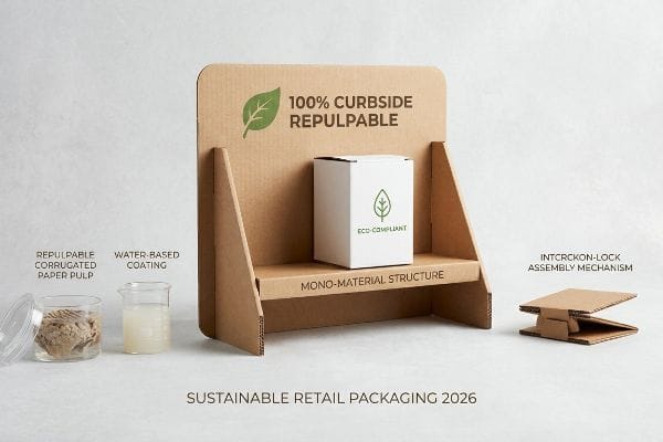 Repulpable Retail Display A sustainable retail display showcases 100% Curbside Repulpable corrugated paper pulp, water-based coating, and Intercrkon-Lock assembly mechanism for eco-compliant packaging.